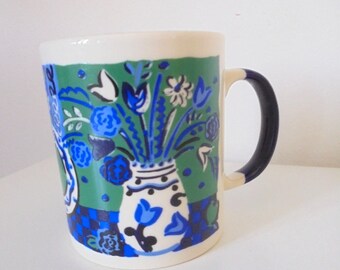 Vintage Staffordshire Mug, Blue & Green Floral Vase, Cottagecore Tableware