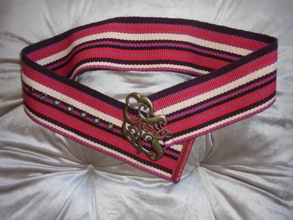Diesel Belt Retro Brass Buckle Wide Strap Striped Woven Fabric