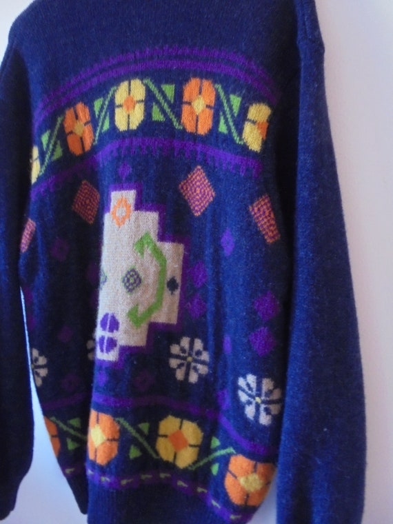 Benetton Shetland Wool Cardigan Sheep Floral Azte… - image 3