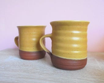 Handmade Rustic Stoneware Mugs, Mustard Yellow & Brown, Set of 2