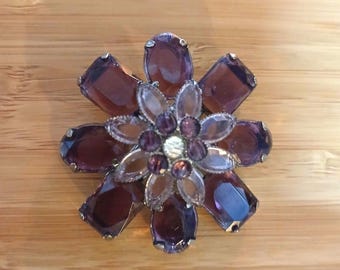 Vintage Purple Floral Brooch, 1960s Style, Faceted Plastic Stones, Mid-Century Statement Pin