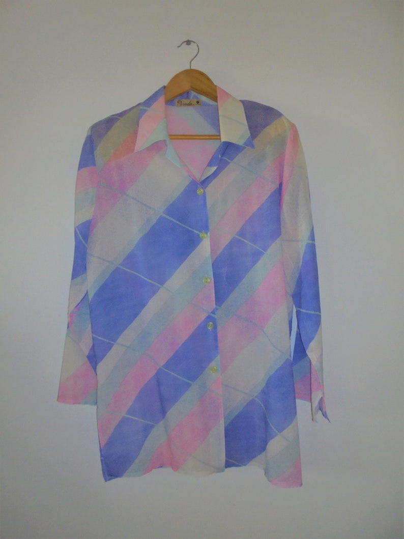 80s Retro Shirt Vinda Design,Pink Baby Blue White Green ,Stunning power dressing, Holiday fresh colour, Pop Disco vibe,Shoulder pads Buttons image 1