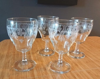 Set of 4 Vintage Etched Wine Glasses, Floral Scroll Goblets, Romantic Wedding Tableware, Retro Stemware