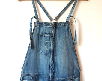 Vintage Zara Y2K Distressed Denim Overalls EU S Ripped Grunge Festival Dungarees Indie Sleaze Jeans