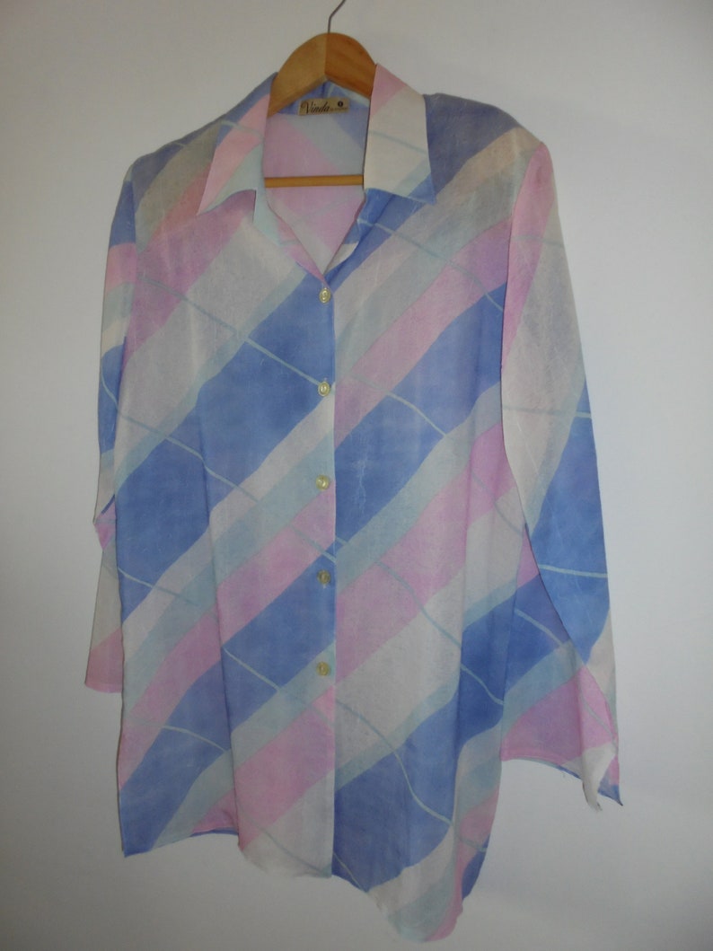 80s Retro Shirt Vinda Design,Pink Baby Blue White Green ,Stunning power dressing, Holiday fresh colour, Pop Disco vibe,Shoulder pads Buttons image 2