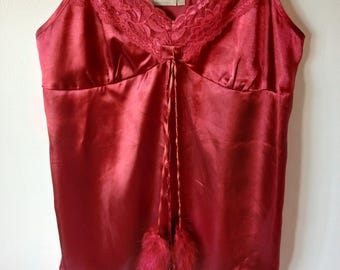 Vintage Y2K Presence Burgundy Satin Camisole – Lace Split Front Cami with Pom-Pom Tassels, UK 14