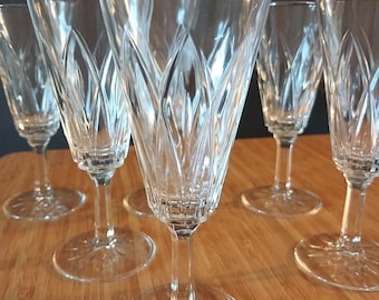 Vintage Cut Glass Champagne Flutes Set of 6 | Leaf Pattern Stemware | Wedding Toast Christmas Table Glasses
