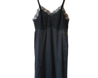 Vintage 1970s Vanity Fair Black Nylon Tricot Full Slip – Lace Nightgown, Adjustable Straps, Size 34