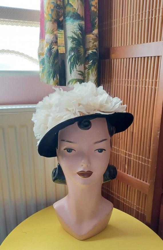 Cute 1950s black velvet hat with chiffon overlay