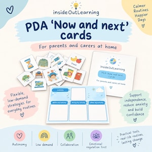 Può includere: Un set di carte PDA Now and next di insideOutLearning che include una collezione di piccole carte quadrate con illustrazioni colorate di attività quotidiane, una carta di istruzioni più grande e una lavagna per la pianificazione blu e bianca.