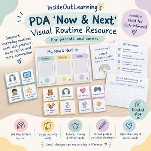 May include: A PDA Now & Next visual routine resource set including a board with Before, During, and After sections, various activity cards with icons like headphones and stars, a parent guide, and a reflection log, all presented as a digital PDF.