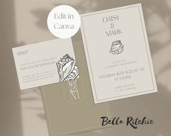Coastal Wedding Invitation Suite Template: Seashell Design (Canva Editable, Digital Download)