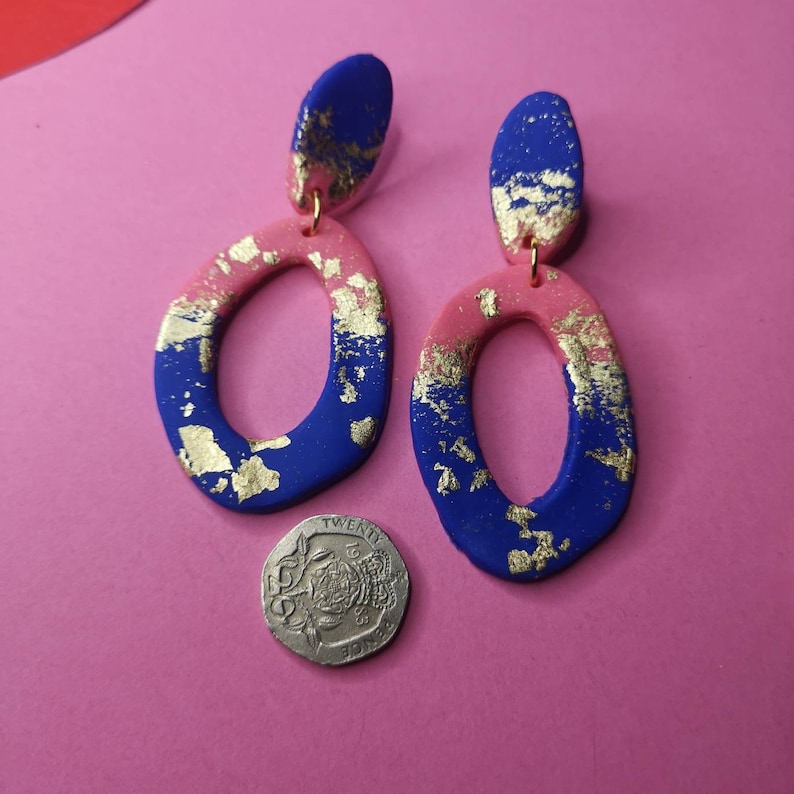 pink blue and gold. Wonky donut statement handmade polymer clay earrings