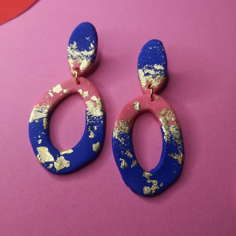 pink blue and gold. Wonky donut statement handmade polymer clay earrings