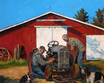 Family Farm Portrait Commission, Custom Oil Painting on Canvas from Multiple Photos, Barn Tractor Artwork Gift for Father and Dad Decor