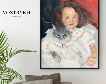 Hand-Painted from Photo, Girl with Cat Art, Custom Child and Pet Portrait Oil Painting on Canvas, Personalized Family Gift, Mothers Day Gift