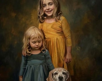 Custom Children Portrait on Canvas, Commission Dog Portrait Painting from Photo, Personalized Oil Painting Gift for Wife, Christmas Day Gift