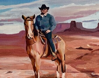 Commission Oil or Acrylic Canvas Painting, Custom Horseback Rider Portrait From Photo, Personalized Ranch Style Decor, Gift for Dad