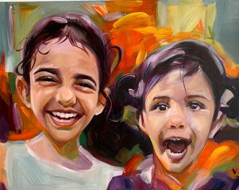Commission Portrait from Photo, Emotional Fathers Day Gift, Handmade Custom Children Oil Portrait on Canvas, Personalized Family Painting