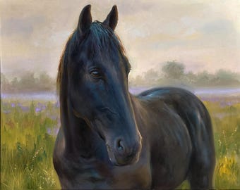 Commission Black Horse Portrait Oil Painting on Canvas, Custom Pet Artwork from Photo, Hand Painted Horse Owner Gift for Her Decor Art