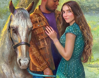 Custom Couple Oil Portrait on Canvas from Photo, Commission Horse Painting, Western Love Story Art, Anniversary Gift for Couple Decor