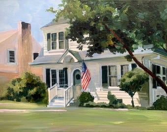Commission Home Painting on Canvas, Custom House Oil Portrait with American Flag, Personalized Birthday Gift, Christmas for Family