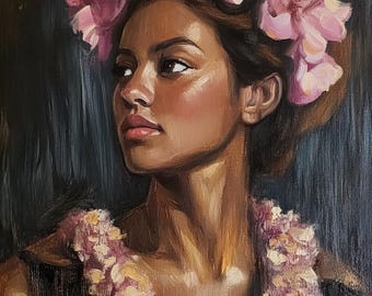 Aangepaste Thaise vrouw olieportret op doek, handgeschilderde beeldende kunst, bloemsierkunst voor interieur, gepersonaliseerd cadeau voor vrouw, kunstcommissie