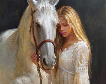 Personalized Girl and Horse Portrait, Custom Oil Painting on Canvas, Handmade Equestrian Art Gift for Rider or Horse Owner Decor Art
