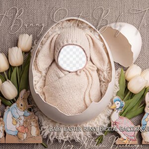 May include: A baby Easter bunny digital background template. The image shows a baby in a bunny outfit inside an eggshell, with white tulips and wooden cutouts of storybook characters.