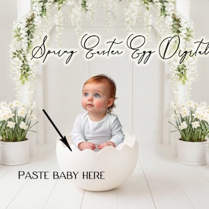 May include: A baby in a white onesie sits inside a large, white eggshell. The scene is a studio setting with white flowers in pots and the text "Spring Easter Egg Digital".