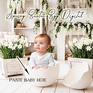 May include: A baby in a white onesie sits inside a large, white eggshell. The image is a digital backdrop with the text "Spring Easter Egg Digital" and "PASTE BABY HERE". White flowers in wooden planters and hanging floral arrangements decorate the background.