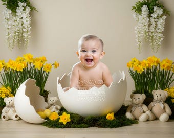 Votre bébé en coquille d'oeuf, il suffit de modifier/coller votre enfant/dans le modèle, oeuf, grand accessoire coquille d'oeuf - toile de fond numérique de Pâques - toile de fond de Pâques
