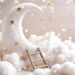 May include: A white crescent moon with gold stars sits on a bed of white fluffy clouds. A wooden ladder leans against the moon, creating a whimsical scene.