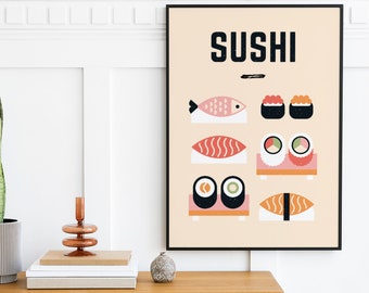 Sushi Poster - Sushi Kitchen Print - Minimalist Food Poster - Retro Kitchen Decor - Sushi Chef - Food Lover - Japanese Food - Japan Print