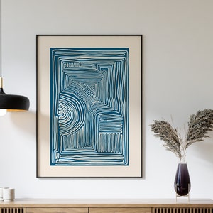 Decoração de parede minimalista - Impressão de arte de linha - Impressões de arte de parede azul - Arte de parede moderna de meados do século - Pôster abstrato neutro