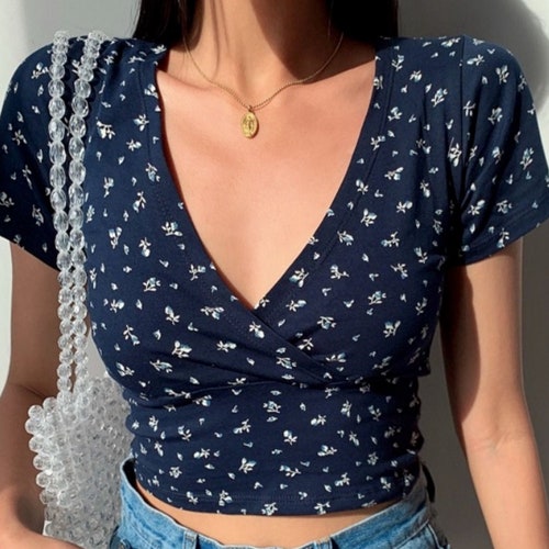 Floral Print Wrap Front Crop Top in Navy Blue Light Blue - Etsy