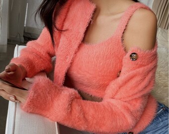 Fuzzy Cardigan \u0026 Crop Cami 2 Piece Set 