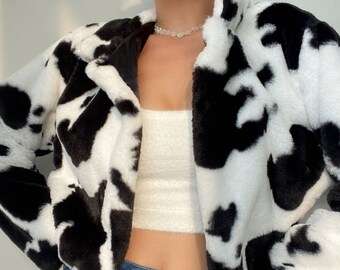 Fluffy Cow Print Cropped Jacket | Korean fashion Harajuku Y2k 90s Retro Fuzzy Faux Fur Streetwear Outerwear Trending