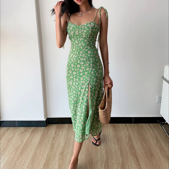 Floral Print Strap Slit Midi Dress in Green Pink Black - Etsy