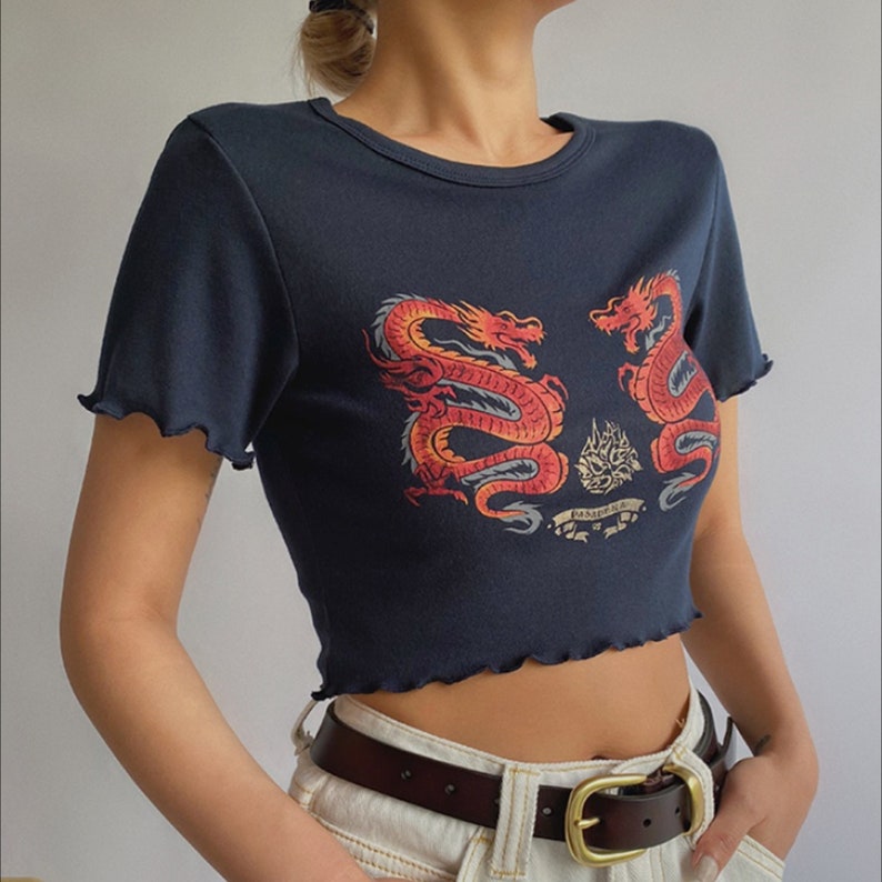 Dragon Print Lettuce Edge Crop Top in Dark Blue Korean - Etsy