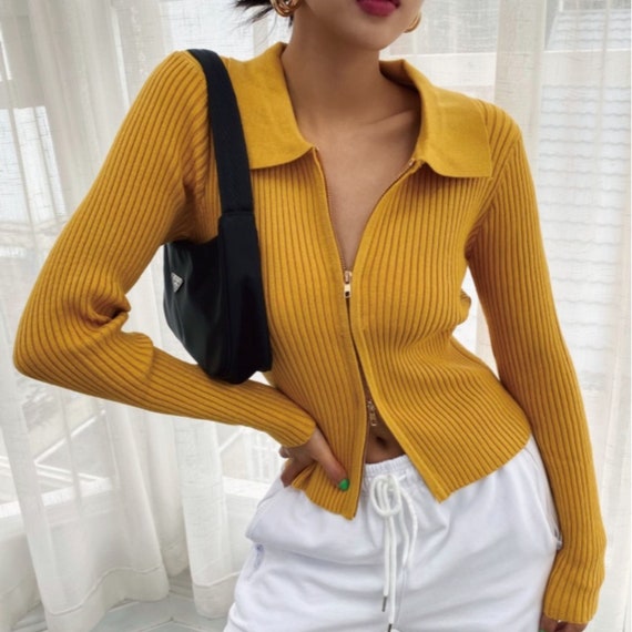 MEMIMART Rib Knit Collared Double Zip Cardigan / Korean Fashion / 90s Fashion / Harajuku / Retro / Y2k / Parisian