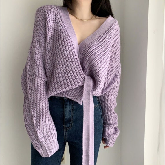 Drop Shoulder Wrap Cardigan in Purple 