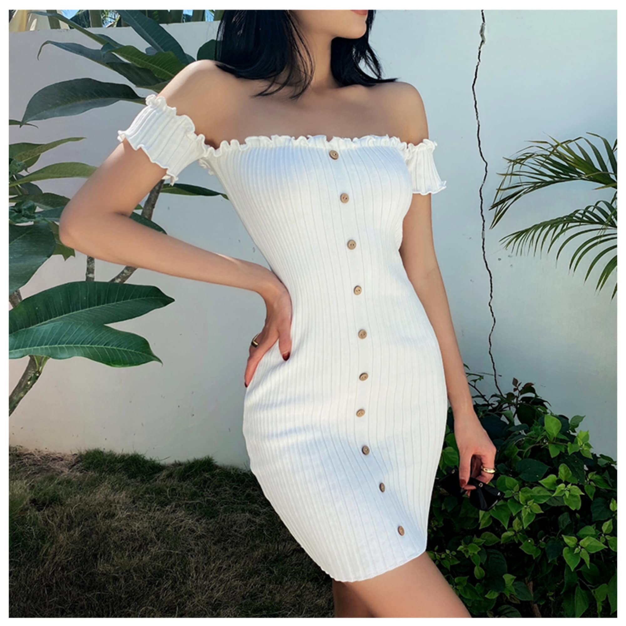 Bardot Lettuce Trim Mini Ribbed Dress 