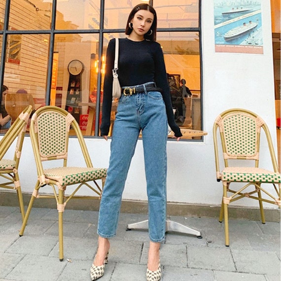 High Rise Crop Mom Jeans Korean Fashion 
