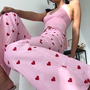 Heart Allover Print High Rise Flare Trousers in Pink | Harajuku Y2k 90s 00s Korean Fashion Kawaii Cute Streetwear Retro Women Flare Pants