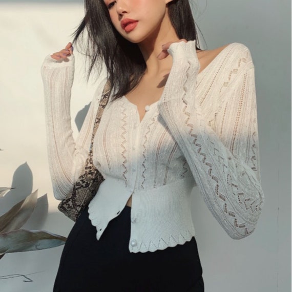 Pointelle Knit Button Front Cardigan in 