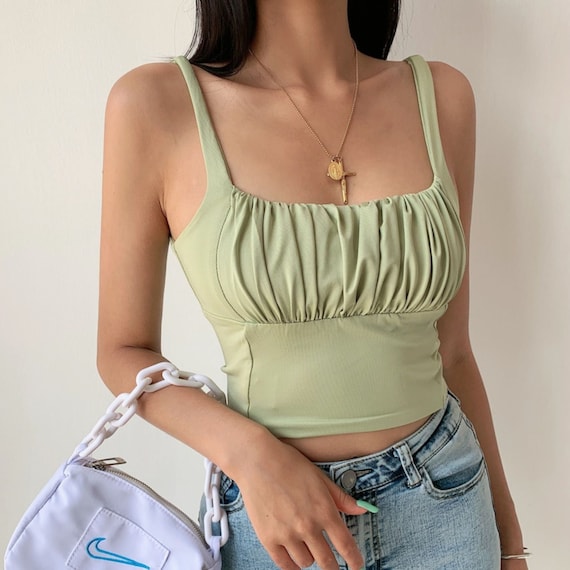 Ruched Bust Crop Cami Top in Green White Black Korean - Etsy