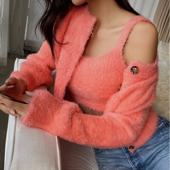 Fuzzy Cardigan \u0026 Crop Cami 2 Piece Set 