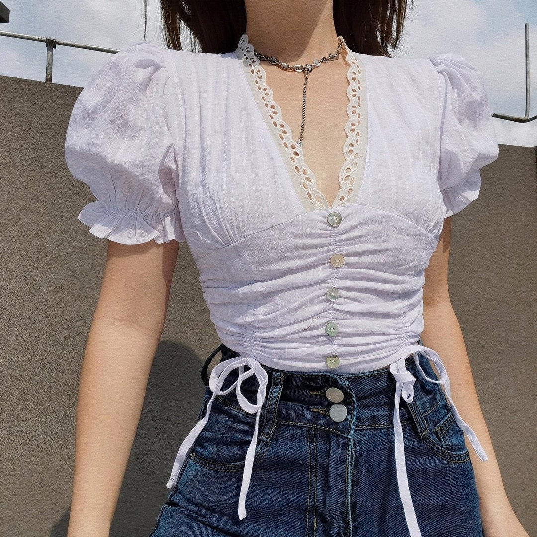 Puff Sleeve Drawstring Ruched Top in White Korean Fashion Etsy