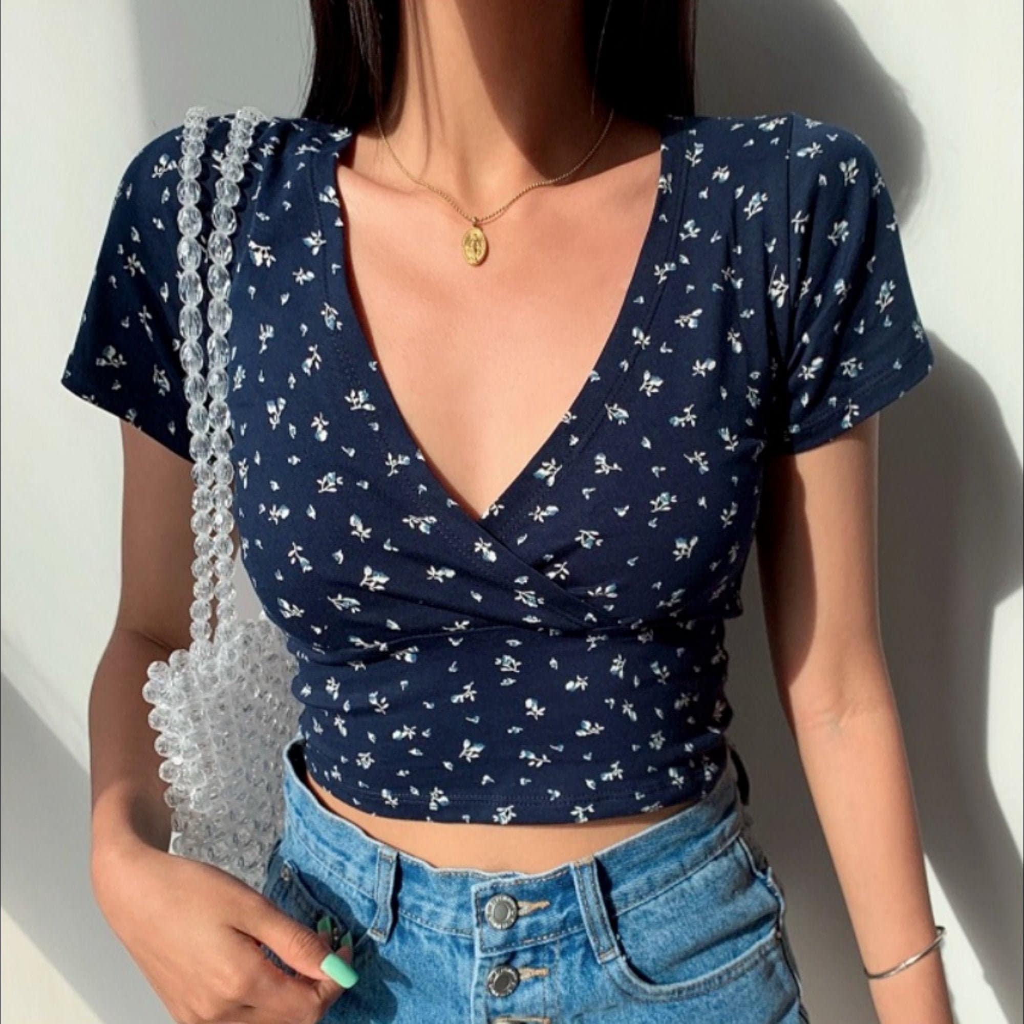 Floral Print Wrap Front Crop Top in Navy Blue Light Blue - Etsy